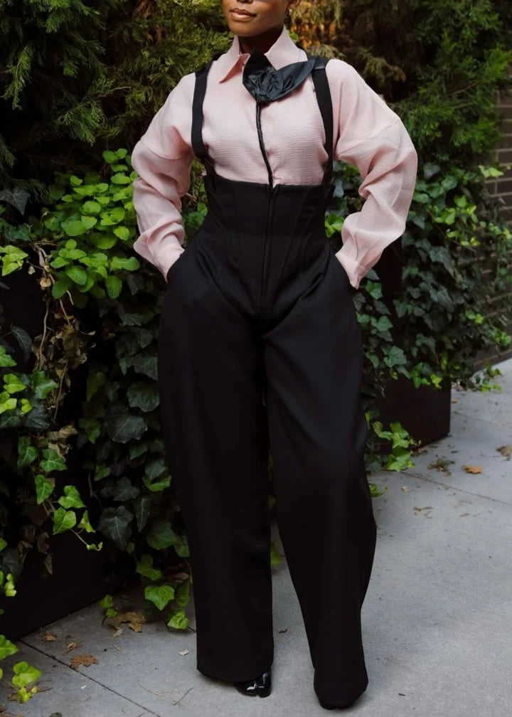 Evelyn Pink Blouse & Noir Suspender Wide-Leg Set