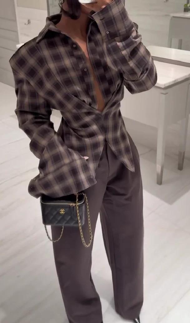 Luxury Brown Plaid Blouse