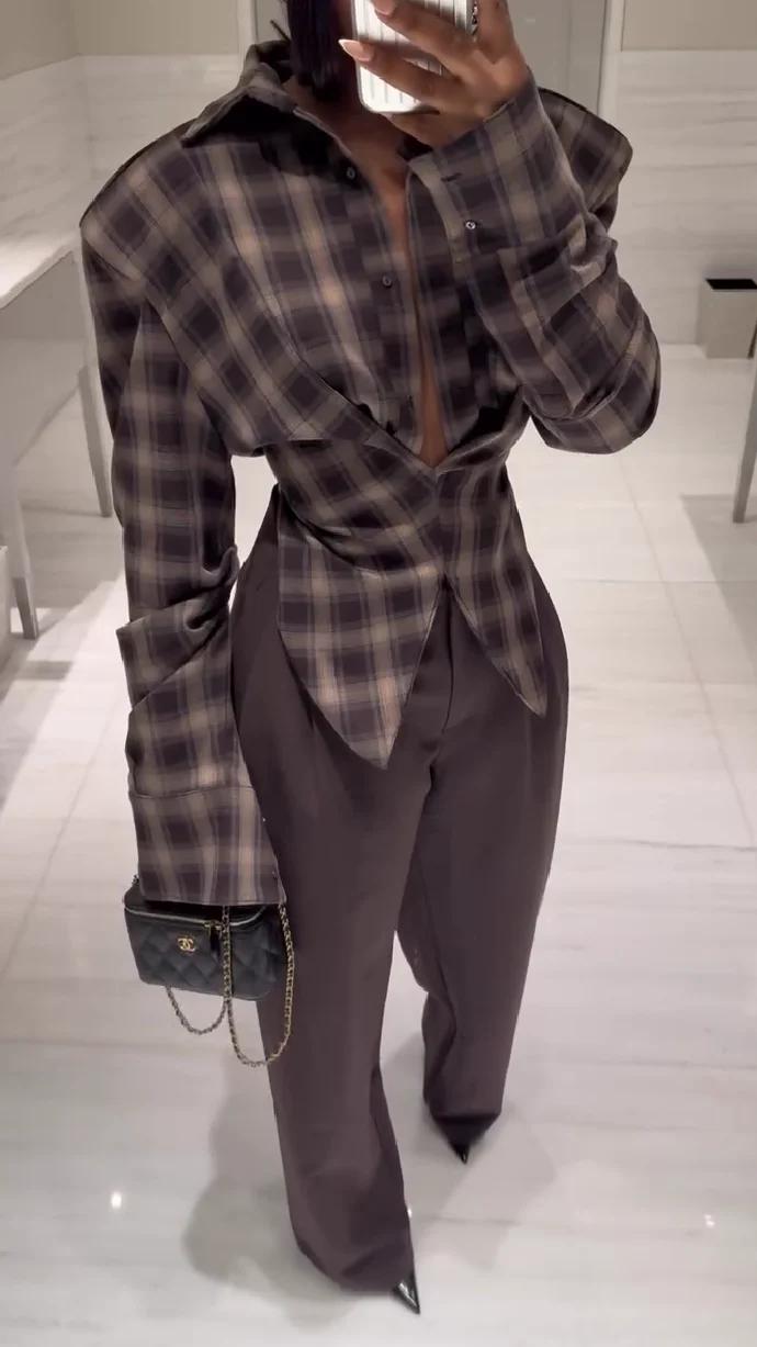 Luxury Brown Plaid Blouse