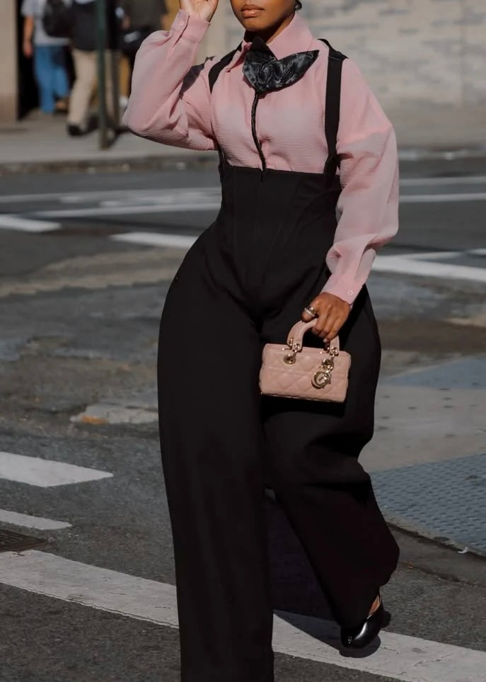 Evelyn Pink Blouse & Noir Suspender Wide-Leg Set