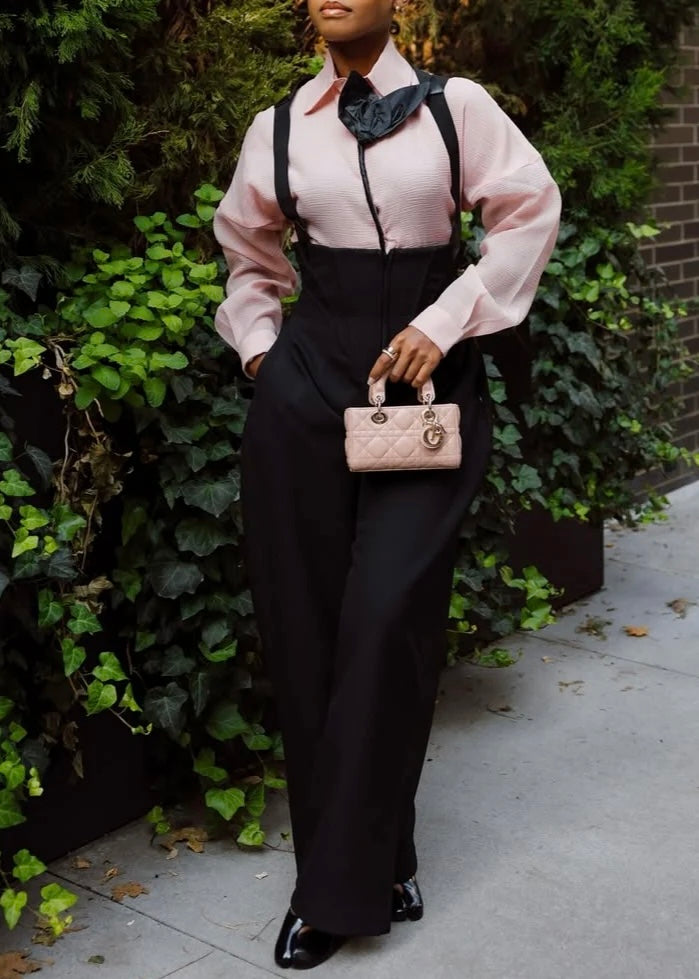 Evelyn Pink Blouse & Noir Suspender Wide-Leg Set