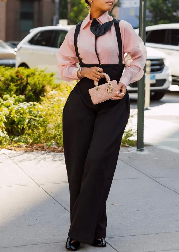 Evelyn Pink Blouse & Noir Suspender Wide-Leg Set