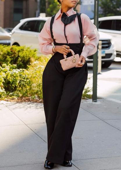 Evelyn Pink Blouse & Noir Suspender Wide-Leg Set