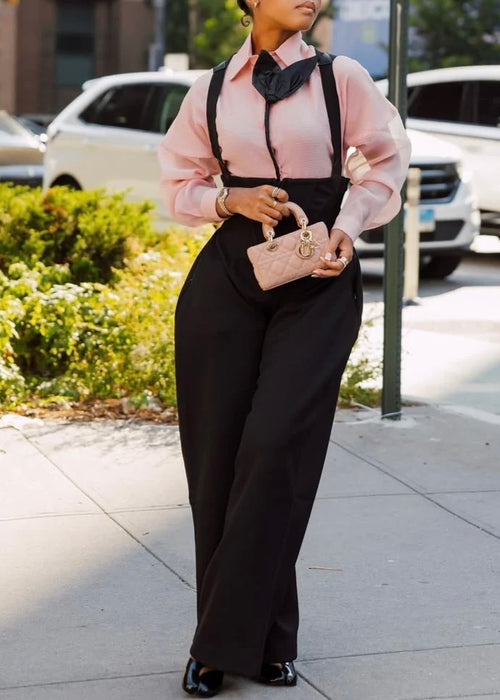 Evelyn Pink Blouse & Noir Suspender Wide-Leg Set