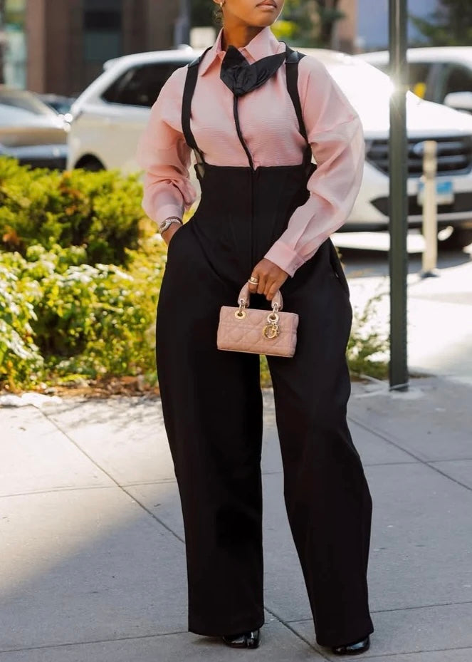 Evelyn Pink Blouse & Noir Suspender Wide-Leg Set