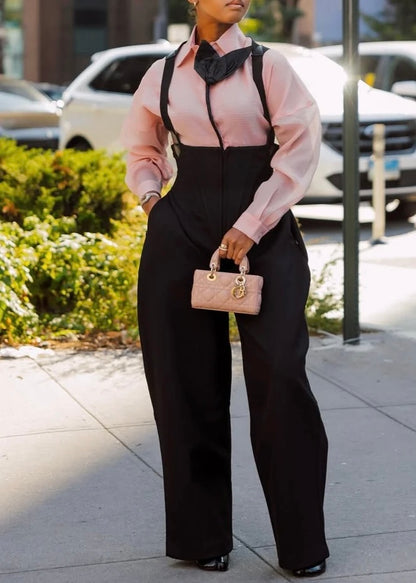 Evelyn Pink Blouse & Noir Suspender Wide-Leg Set