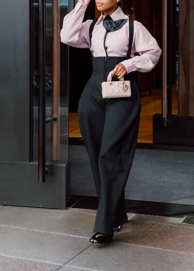 Evelyn Pink Blouse & Noir Suspender Wide-Leg Set