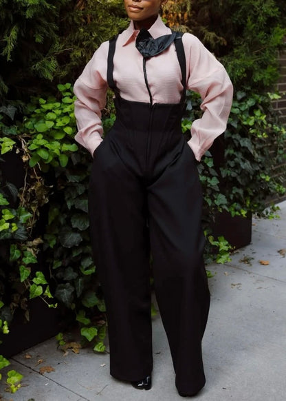 Evelyn Pink Blouse & Noir Suspender Wide-Leg Set