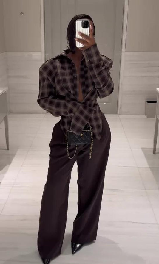 Luxury Brown Plaid Blouse