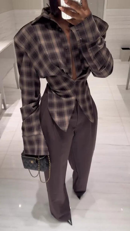 Luxury Brown Plaid Blouse